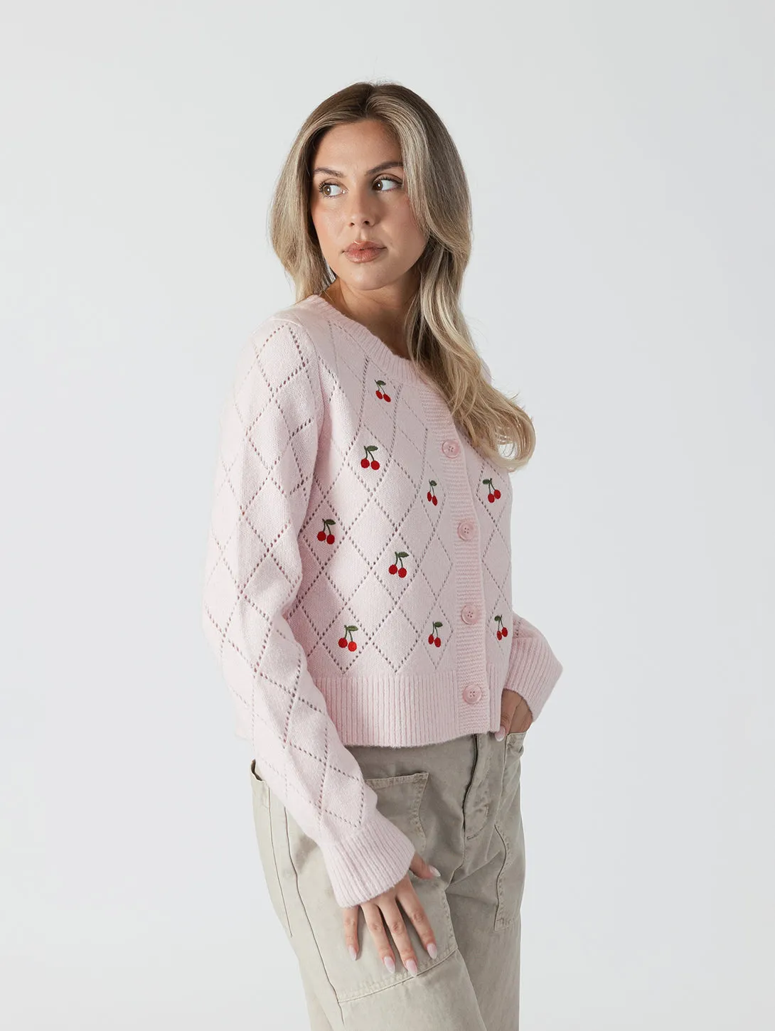 Lacey Cherry Cardigan - Soft Pink