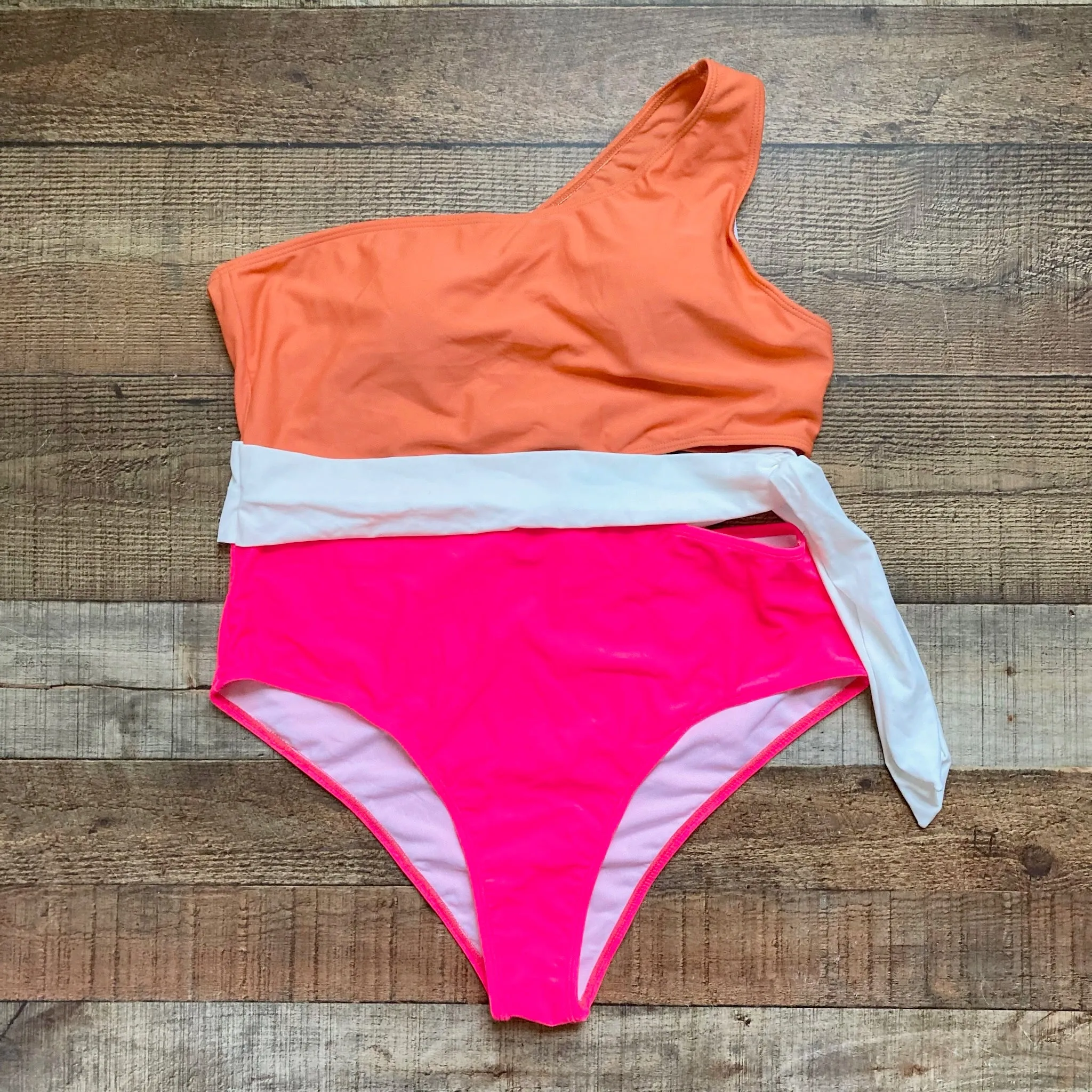 Lillusory Orange/Hot Pink One Shoulder with White Tie and Side Cut Out Padded One Piece- Size XL