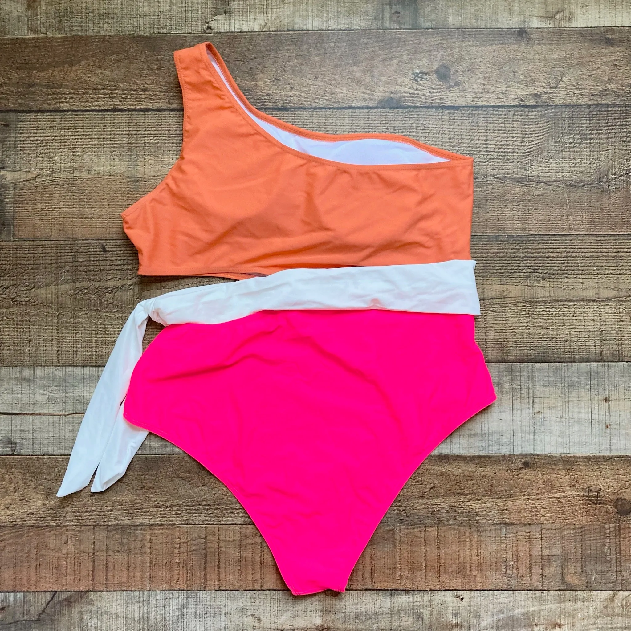 Lillusory Orange/Hot Pink One Shoulder with White Tie and Side Cut Out Padded One Piece- Size XL