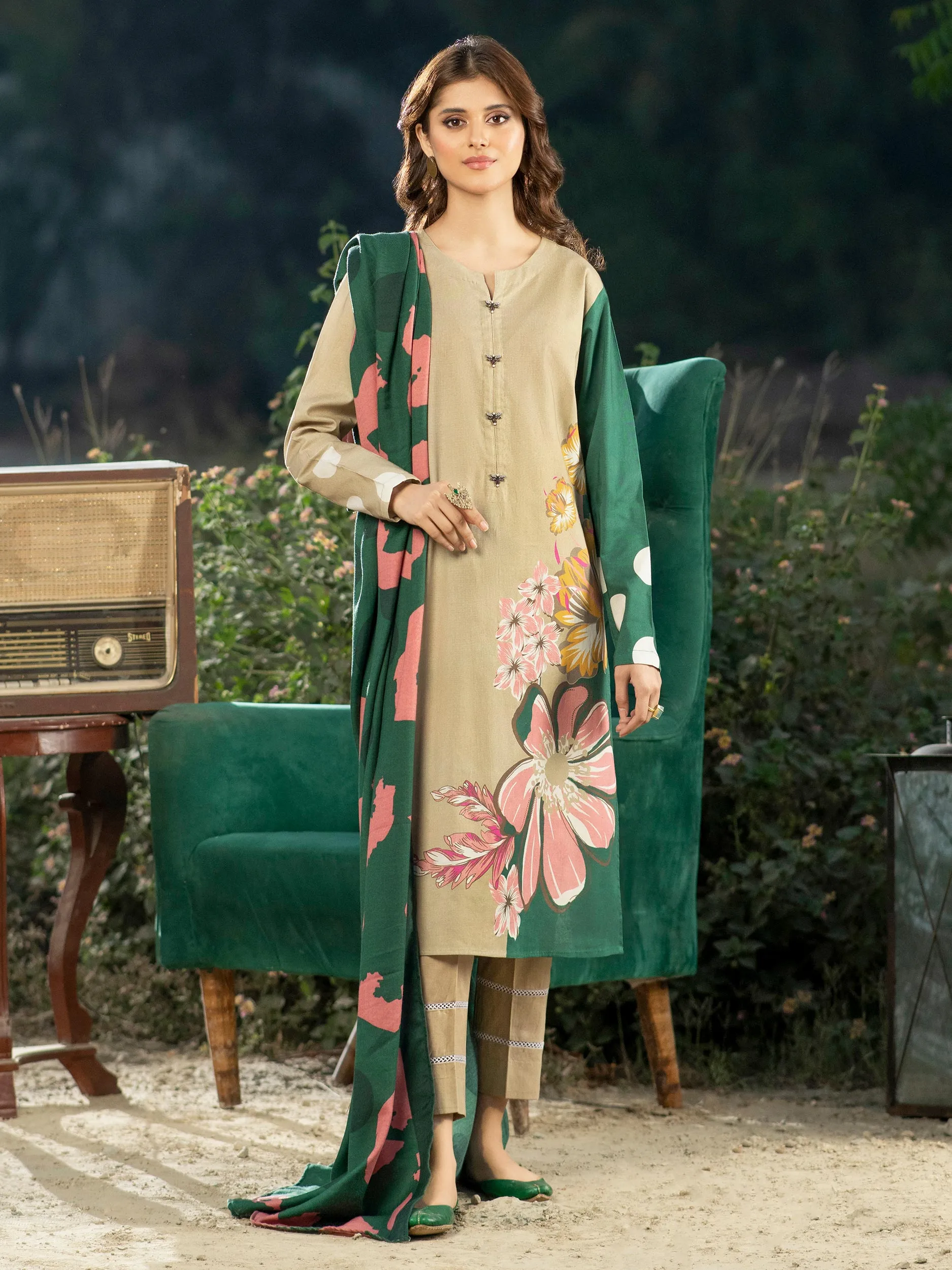 Limelight Winter Unstitched Printed Khaddar 3Pc Suit U2603 Beige