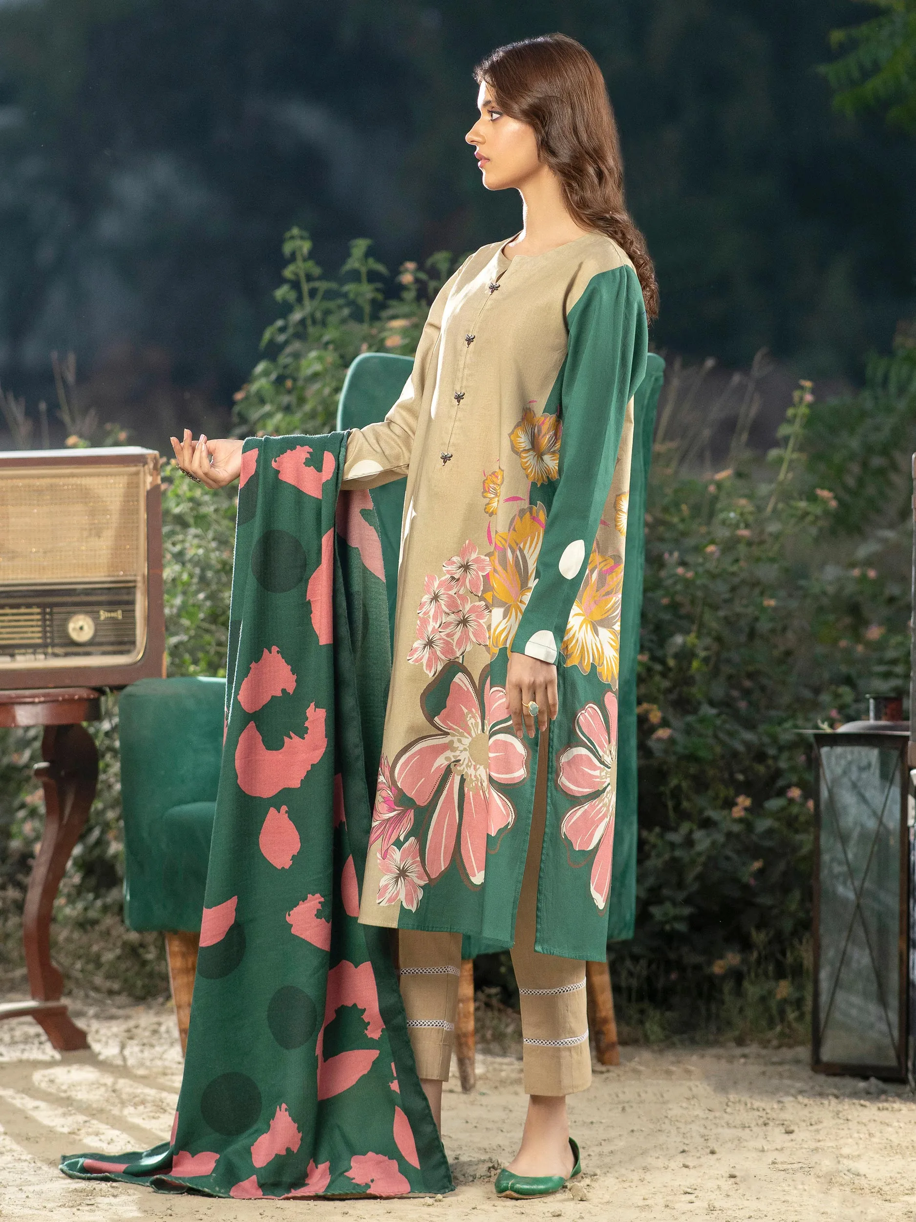 Limelight Winter Unstitched Printed Khaddar 3Pc Suit U2603 Beige