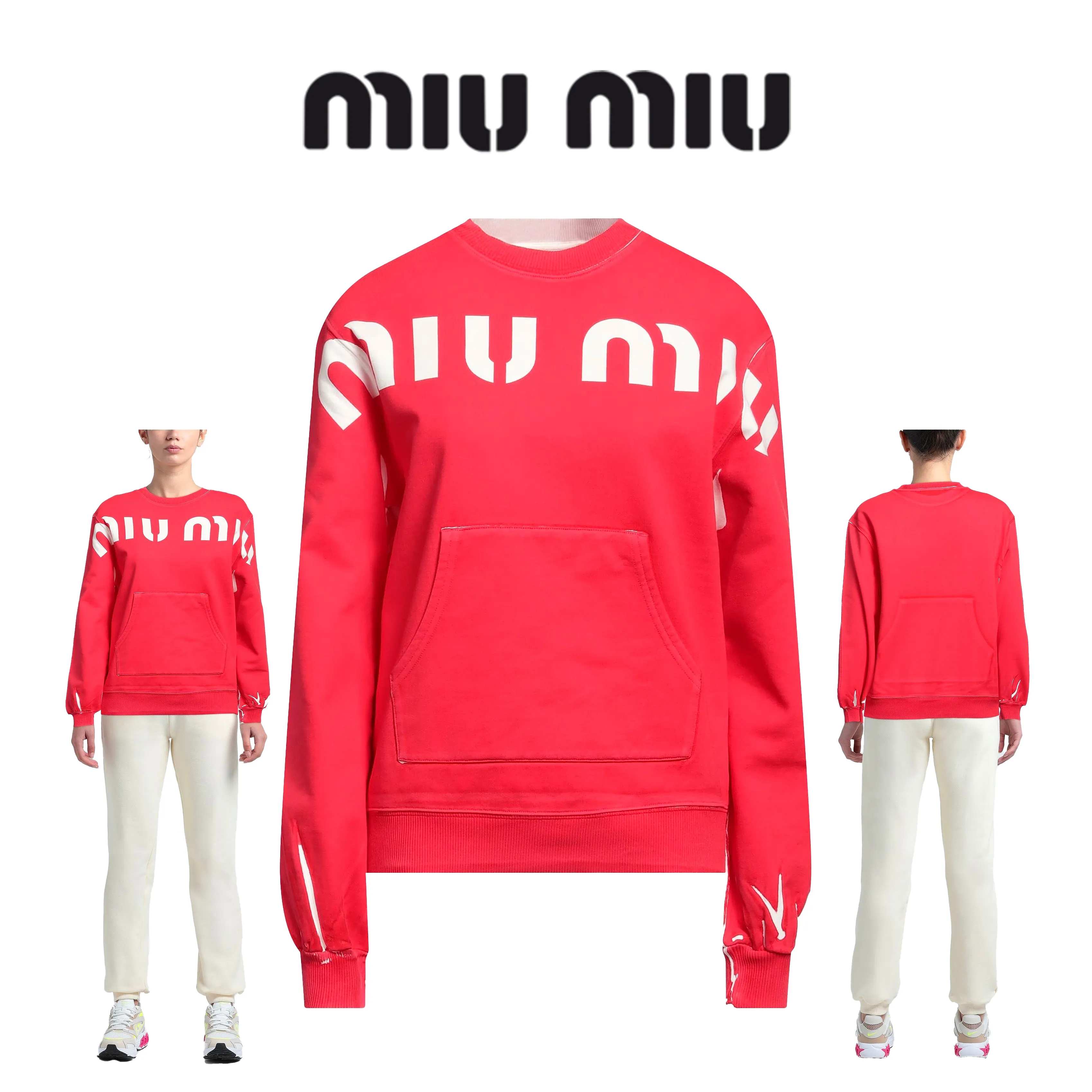 MiuMiu  |Sweat U-Neck Long Sleeves Logo Hoodies & Sweatshirts