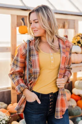 Pick Your Pumpkin Hooded Plaid Top- Burnt Orange, Navy, & Gold