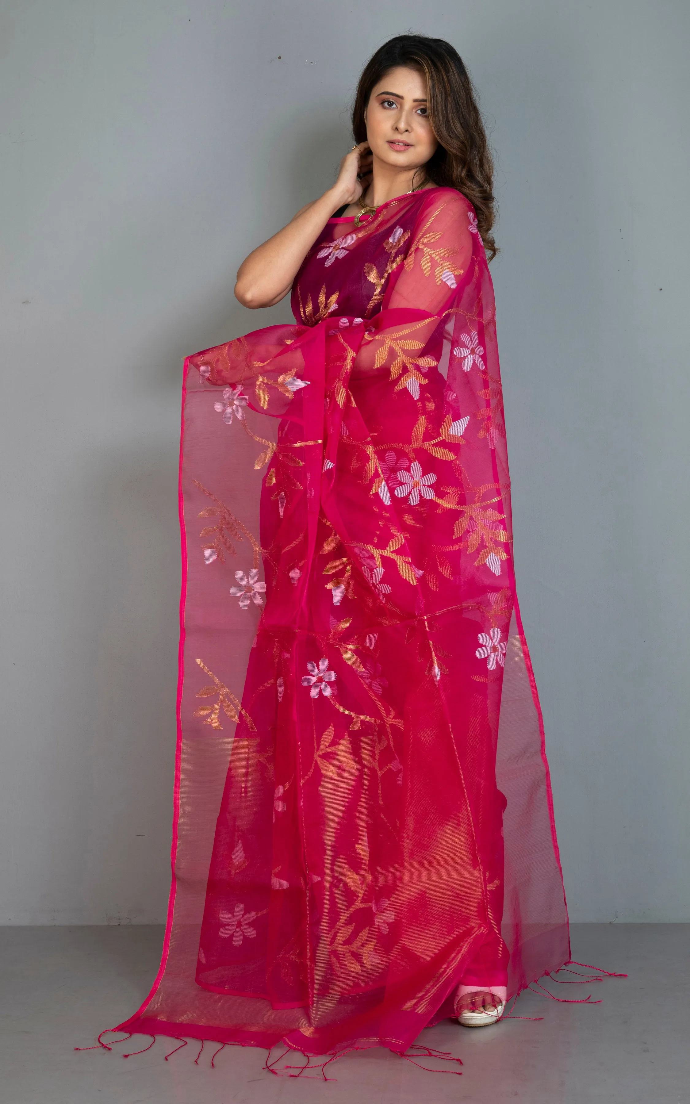 Premium Poth Muslin Silk Jamdani Saree with Jaal Floral Work in Hot Pink, Off White and Golden