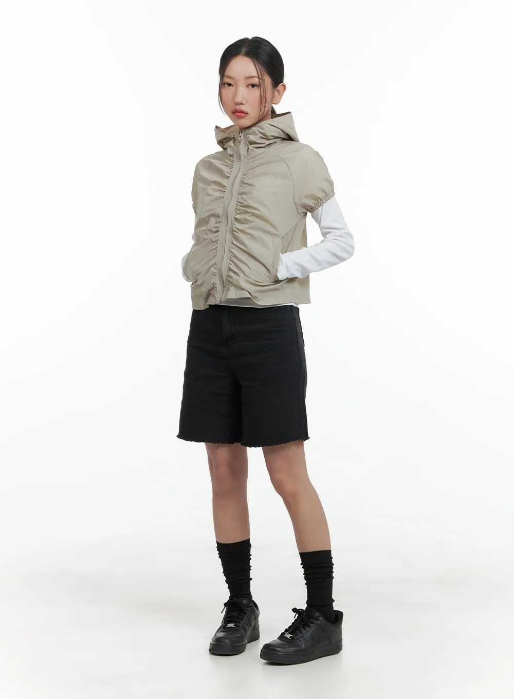 Shirred Hooded Short-Sleeve Nylon Jacket CA415