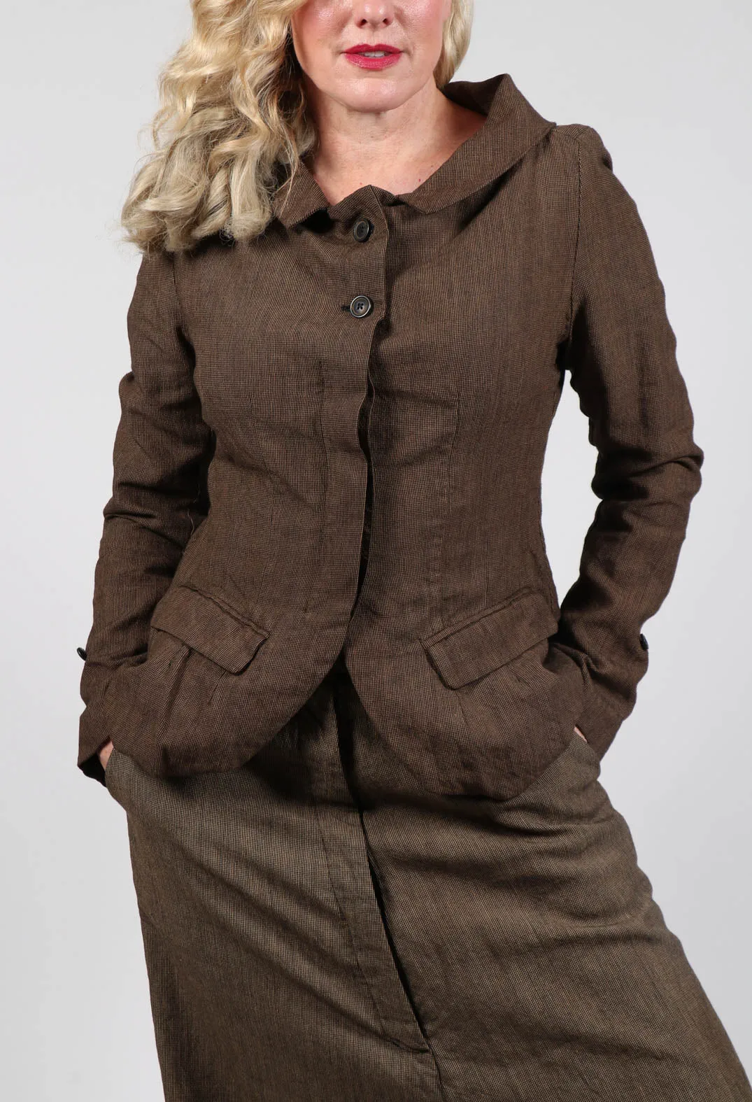 Short Open Neck Jacket in Espresso Check