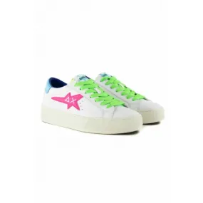 SNEAKERS DONNA IN PELLE CON DETTAGLI FLUO, BIANCO