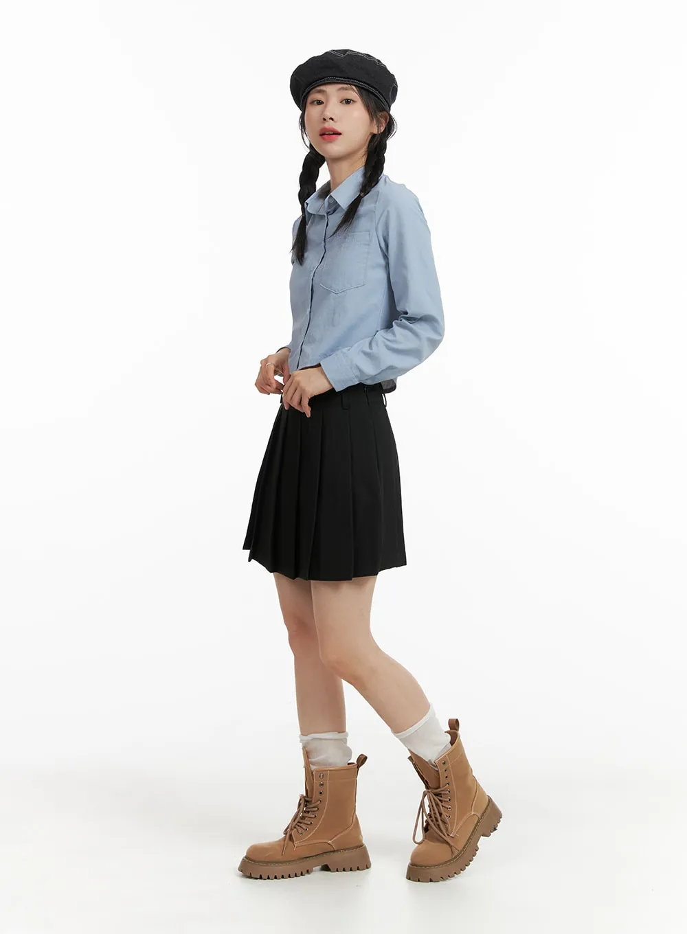 Solid Collar Button-Up Crop Top OM408