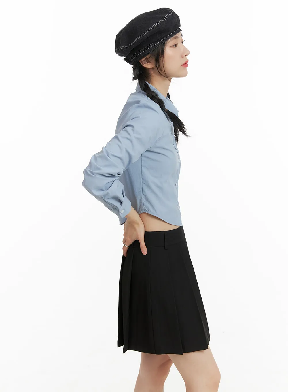 Solid Collar Button-Up Crop Top OM408