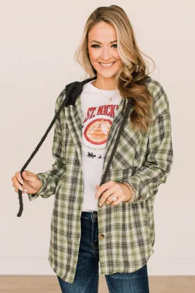 Take The Leap Hooded Plaid Top- Green & Charcoal