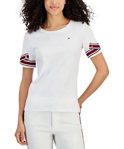 Tommy Hilfiger Womens Ribbon Cuff Crewneck Pullover Top