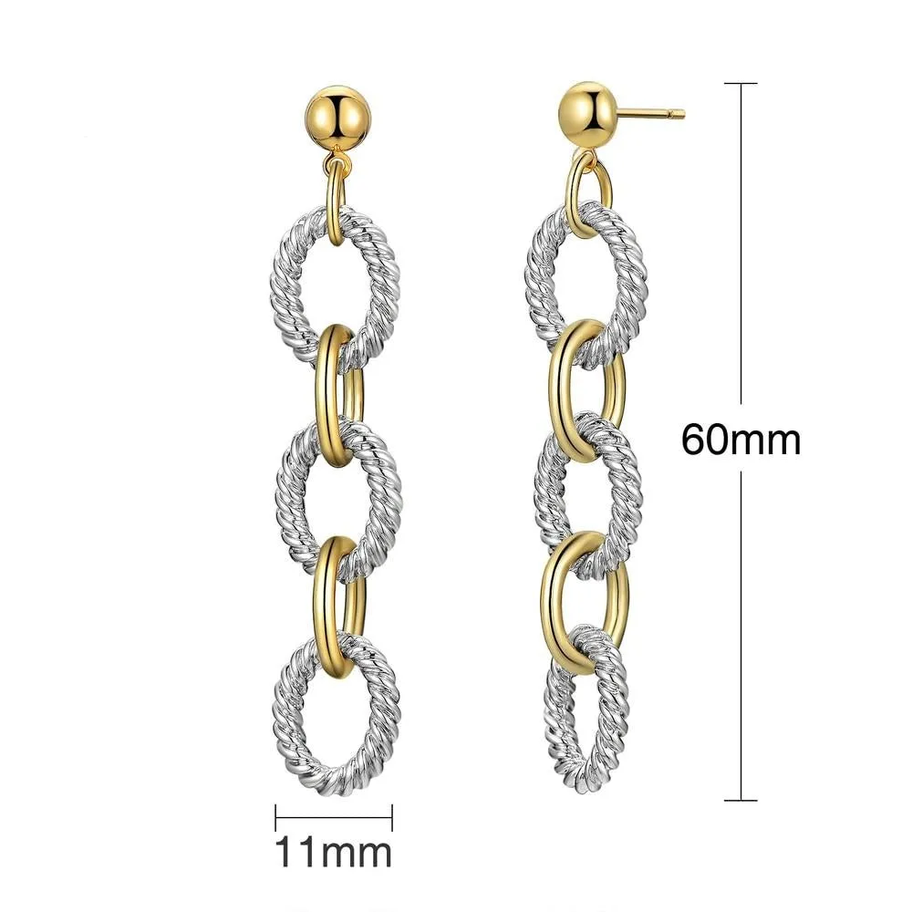 Two-Tone Alternating Circle Cable Links Long Earrings 2.36