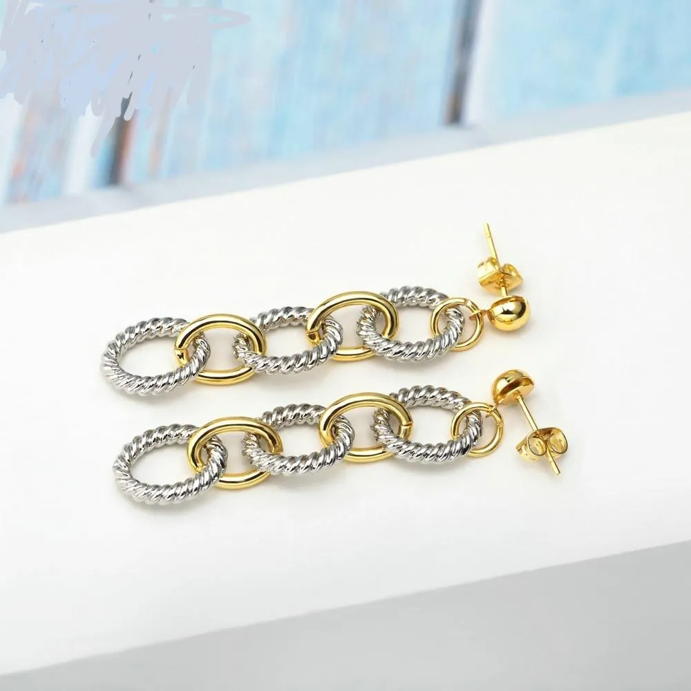 Two-Tone Alternating Circle Cable Links Long Earrings 2.36