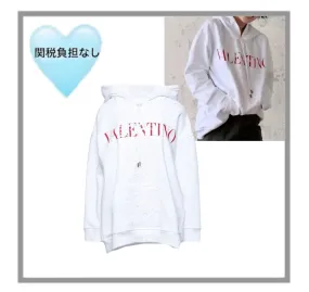 VALENTINO  |Long Sleeves Plain Cotton Logo Hoodies & Sweatshirts