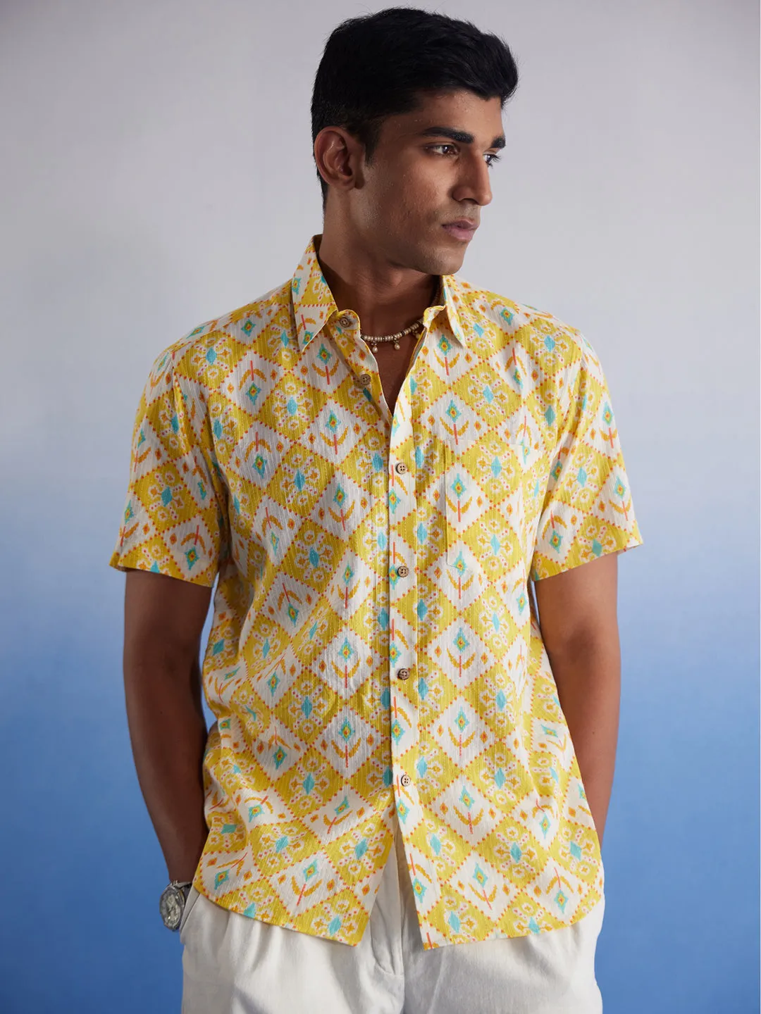 Vastramay Men's Yellow Ikkat Print Cotton Shirt