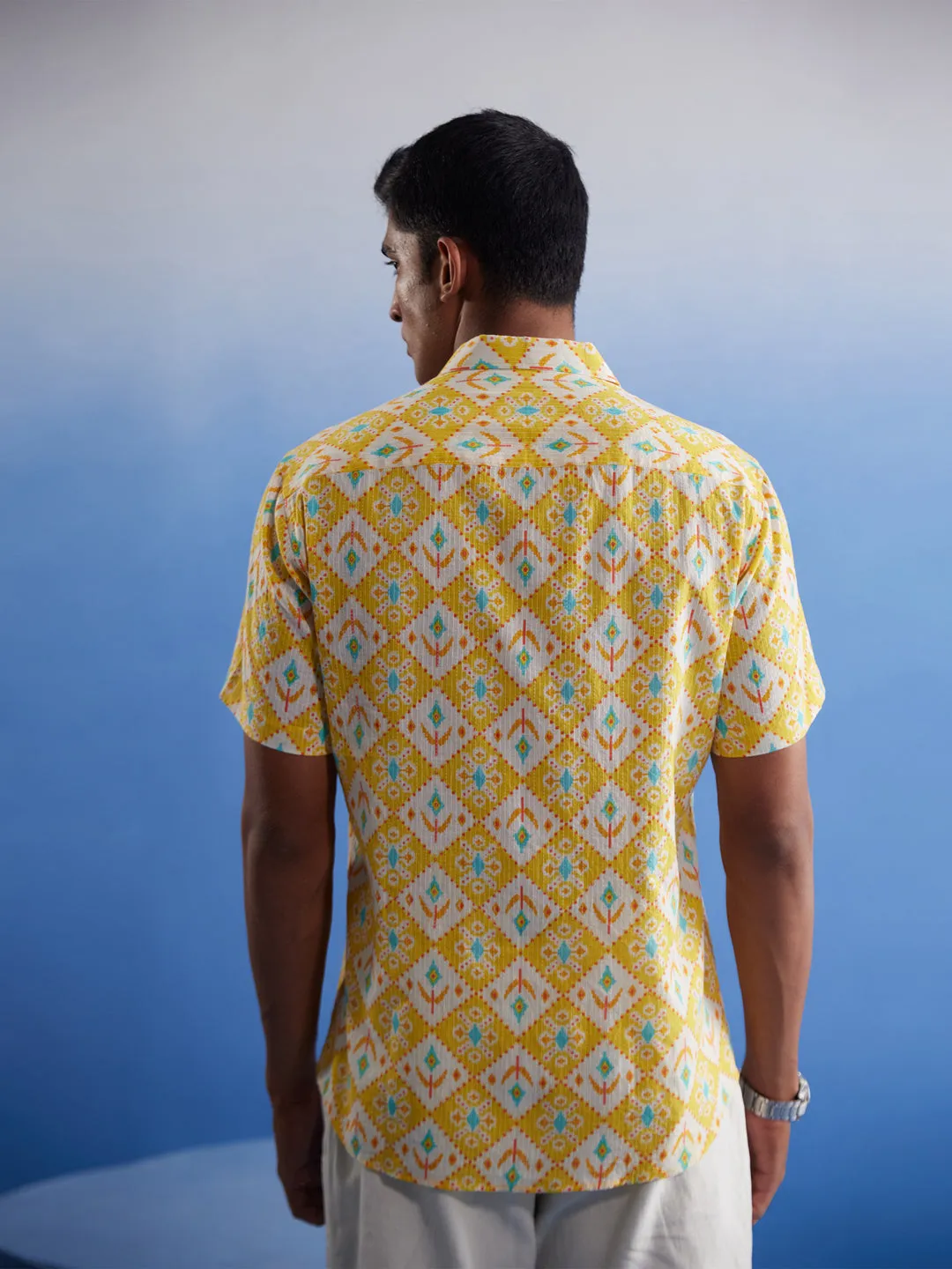 Vastramay Men's Yellow Ikkat Print Cotton Shirt