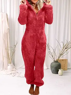 Women's Light Pink Claret Plush Hooded Onesie Pajamas for Adults